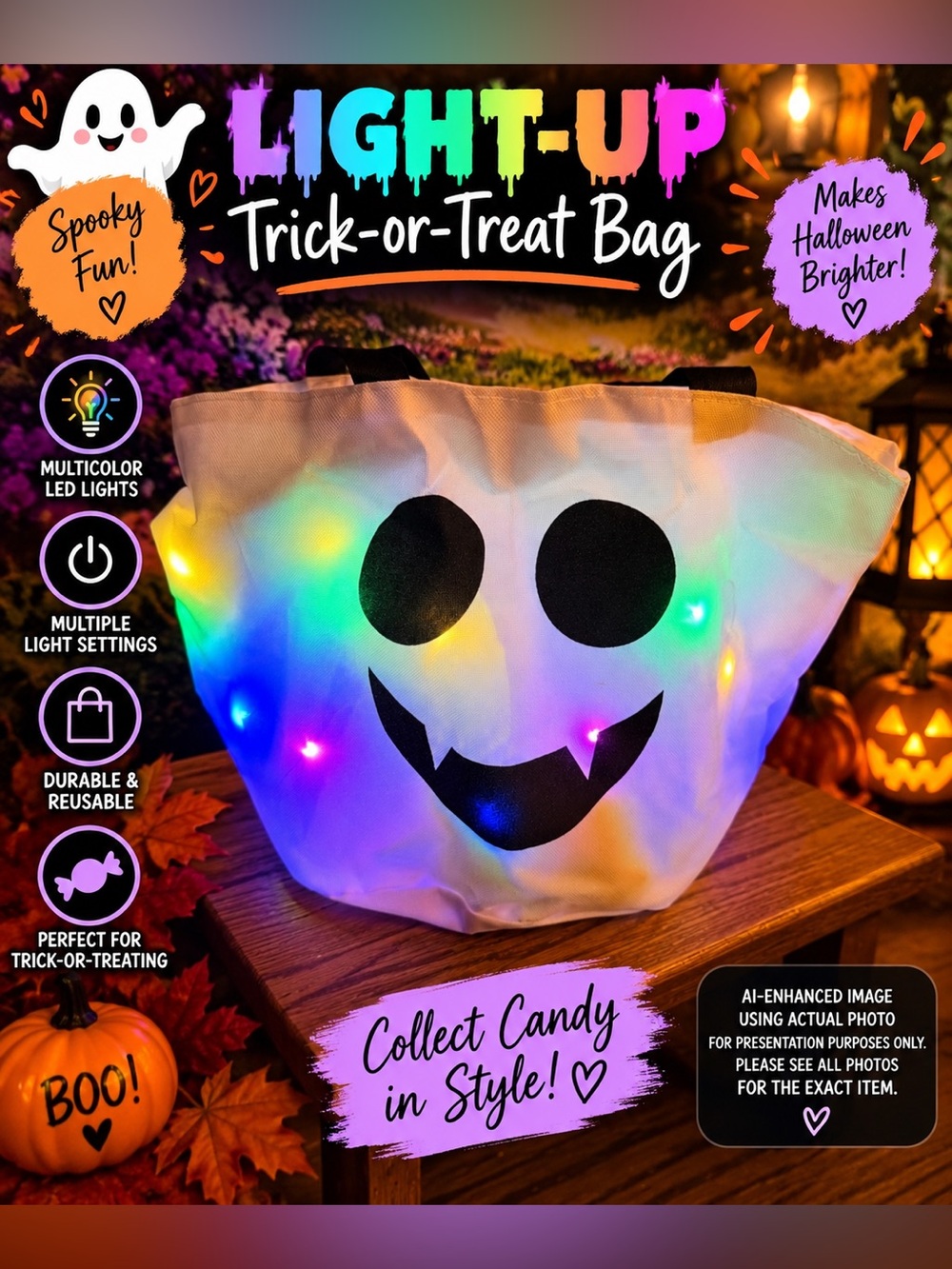 🎃👻 Light-Up Ghost Trick-or-Treat Bag-Multicolor LED